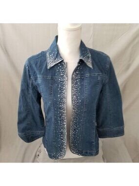 Lady Noiz Embellished Denim Jacket With Rhinestone Cross On Back Medium Wash Siz